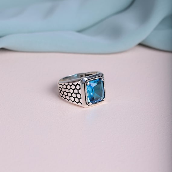Classic Blue Zircon Men's Ring - 925 Sterling Silver Handmade Ring - Elegant Statement Jewelry for Him - Turkish Craftsmanship, Men Ring