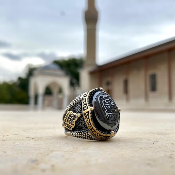 La Galiballah Engraved 925 Sterling Silver Men's Ring – Islamic Calligraphy Ottoman Style Statement Jewelry, Islamic Gift, Men Ring
