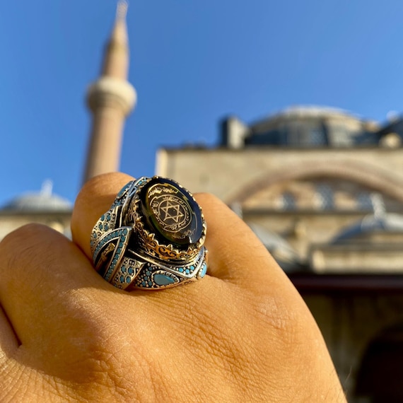Sterling Silver Solomon Seal Ring with Turquoise Stone – Handmade Islamic Jewelry for Men, Islamic Gift, Men Ring, Ottoman jewelry