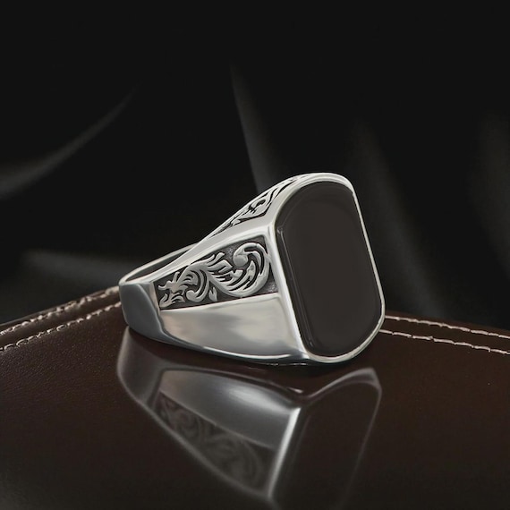 Onyx Stone Engraved 925 Sterling Silver Men’s Ring | Handmade Ottoman Style Black Gemstone Ring | Vintage Turkish Jewelry Gift for Him