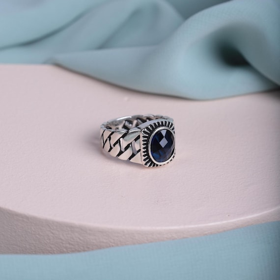 Blue Zircon Men's Silver Ring, Turkish Handmade Ring, 925 Sterling Silver Ring , Gift For Him, Men Ring, Silver Ring, Gift Dad, Men Gift