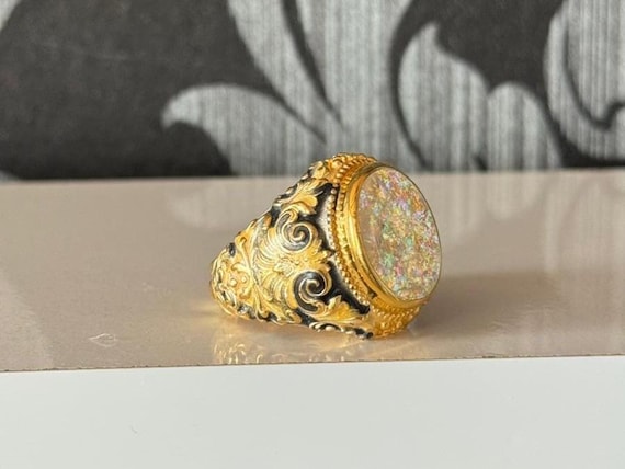 Ottoman Style Ring, Gold Plated Sterling Silver Opal Ring, Islamic Mens Jewelry, Turkish Silver Ring,Ethnic Gift for Muslim Man,Vintage Ring