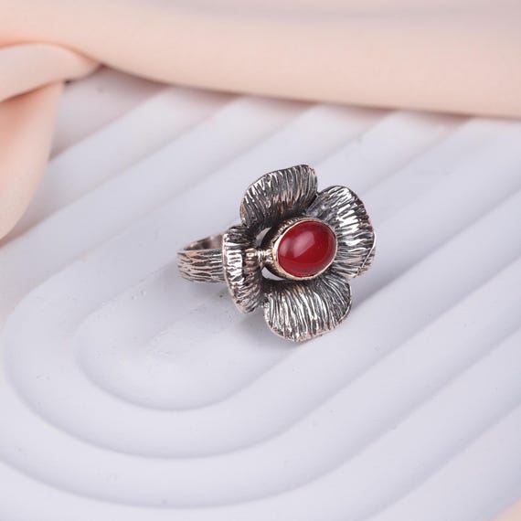 Adjustable Sterling Silver Floral Statement Ring with Red Agate –Handmade Vintage‑Inspired Women’s Jewelry – Elegant Gift for Her,Women Ring