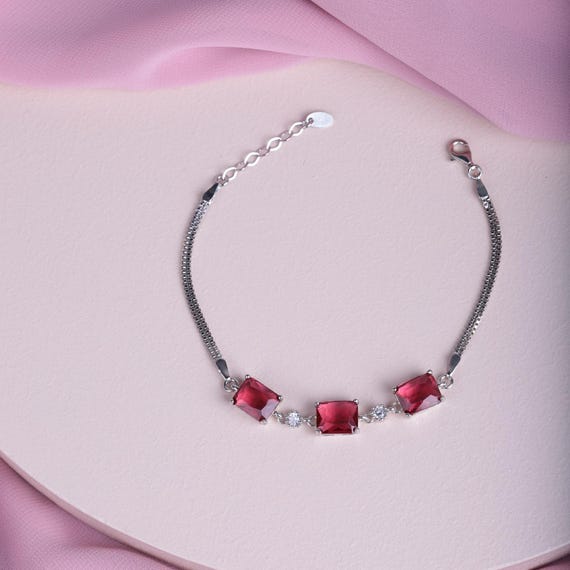 Elegant 925 Sterling Silver Bracelet with Red Garnet Zircon Stones – Handmade Women’s Minimalist Jewelry, Adjustable  Bracelet,Mothers Day