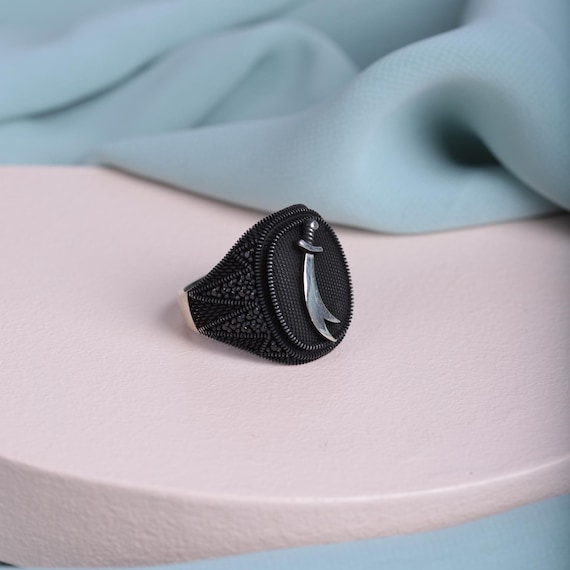 Handcrafted Zulfikar Sword Ring – 925 Sterling Silver with Black Zircon – Masculine Men's Ring – Unique Ring for Him, Islamic Ring, Men Gift