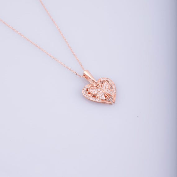 Whimsical Butterfly and Roses Necklace - Sparkling Rose Gold Plated Jewelry for Girls, Zircon Butterfly Necklace, Rose Gold Plated
