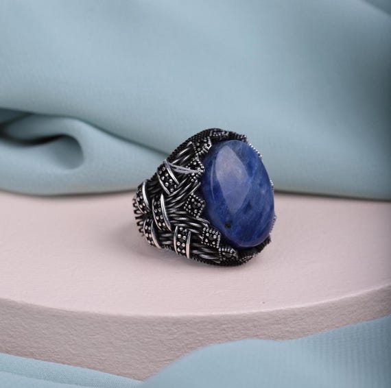 Boho Lapis Lazuli Ring with Black Zircon Accents: Enhance Your Spirituality with Open-Back Design, Men Rings, Men Ring, Gift Dad, Jewelry