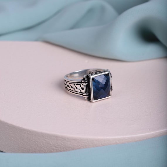 Handmade Sterling Silver Men's Ring | Geometric Zircon & Greek Key Design, Statement Jewelry, Fashion Ring, Gift for Him, Multicolor Ring