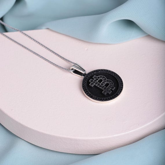 Turkish Elegance B Symbol Necklace – 925 Sterling Silver Men's Chain with Micro Black Zircon – Handmade Turkish Jewelry, Symbol Necklace