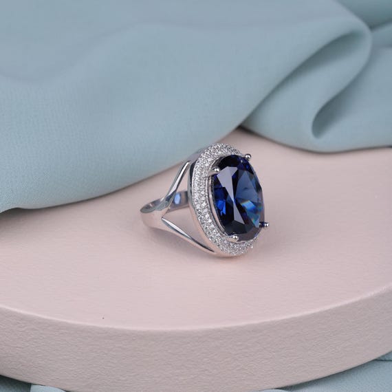 Sapphire Statement Ring with White Zircon Halo – Valentine's Day Gift for Her – Elegant Gift for Love – Women's Engagement Ring, Women Ring