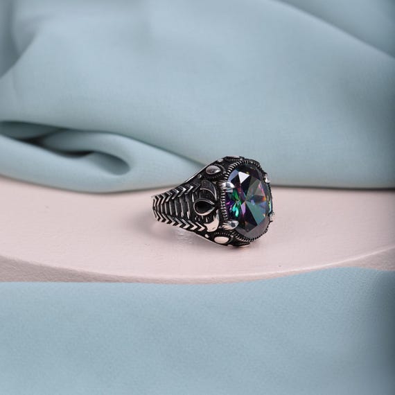 Mystic Topaz Men’s Ring • Exotic Snake-Inspired Silver Design • Ottoman Style • Original Gemstone • Handmade Gift for Him, Valentine’s Day