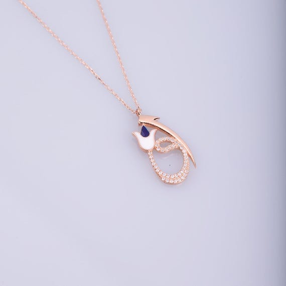 Rose Gold Plated Sterling Silver Tulip & Arabic Calligraphy Necklace – Islamic Jewelry, Ottoman Style, Elegant Zircon Pendant,Mothers Day