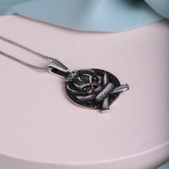 Men's Gothic Necklace with Skull Eyes and Red Zircon Snake – Handcrafted Silver Pendant with Bullet Detailing – Unique Gift for Him, Silvers