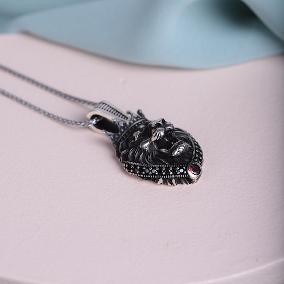 King Lion Head Necklace | 925 Sterling Silver Lion King Pendant with Red & Black Micro Zircon |Bold Unisex Wild Animal Jewelry |Unique Gift