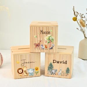 Alcancía personalizada con nombre, hucha de madera con forma de animal, ideal para bebés, regalos de Pascua para niñas y cumpleaños.
