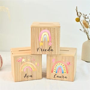 Personalized Rainbow Piggy Bank, Custom Name Money Box, Wooden Coin Bank for Baby, Girls Easter Gifts, Baby Birthday Gifts,Piggy Bank