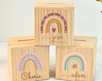 Personalized Piggy Bank with Name, Children's Rainbow Money Bank, Custom Birthday Coin Bank, Baby Christening Gift Girl, Nursery Decor