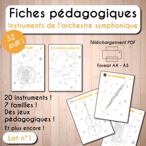 Peut inclure: Un ensemble de 32 pages à colorier imprimables mettant en scène des instruments d'un orchestre symphonique. Les pages comprennent un cor français, une grosse caisse, une contrebasse, un hautbois et un tuba. Le texte sur les pages est en français.