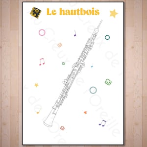 May include: A black and white line drawing of an oboe, a woodwind instrument, with musical notes and stars scattered around it. The text "Le hautbois" is written in yellow at the top of the page.