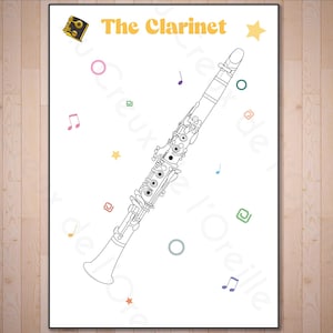 May include: A black and white line drawing of a clarinet with the text "The Clarinet" at the top of the page. The clarinet is surrounded by musical notes and stars.