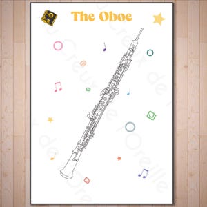 Può includere: Un disegno in bianco e nero di un oboe con note musicali sparse intorno. Il titolo "The Oboe" è scritto in giallo nella parte superiore della pagina.