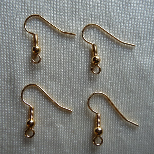 Ear wire, gold-finished brass, 19mm fishhook with 3mm ball and 4mm coil with open loop, 21 gauge. Pack of 10 pairs of earwires.