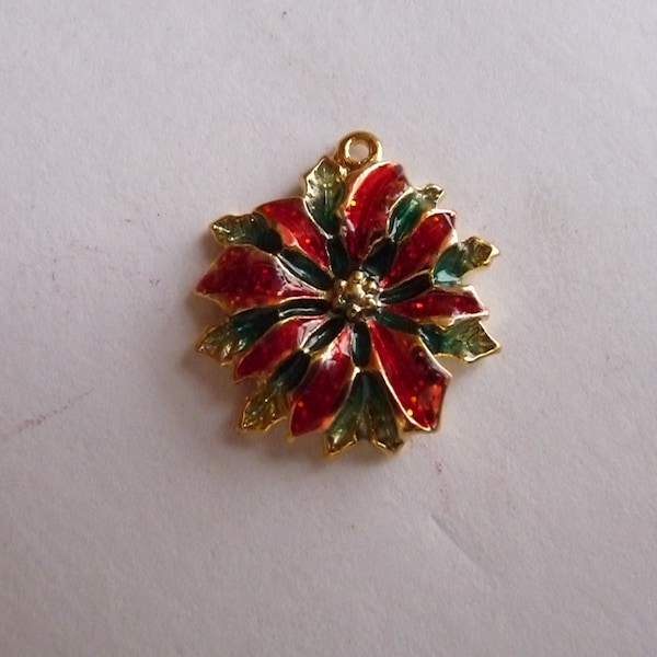 SALE!! Christmas Charm, 24Kt Gold Finished, Pewter, with enamel, red and green, 20mm, single sided, Poinsettia, Pack Of 1 charm. SALE!!