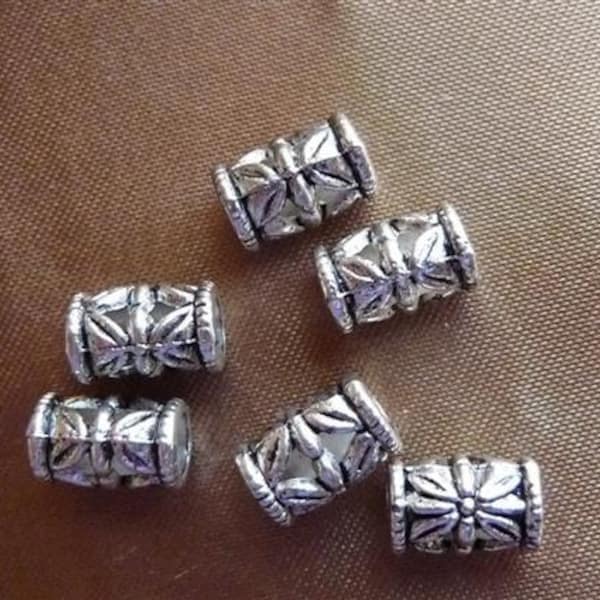 SALE!! Beads, Pewter, Antiqued Silver Plated, 9x6mm, Tube, with flower design, and 3mm hole, Pack of 30 beads. SALE!!!