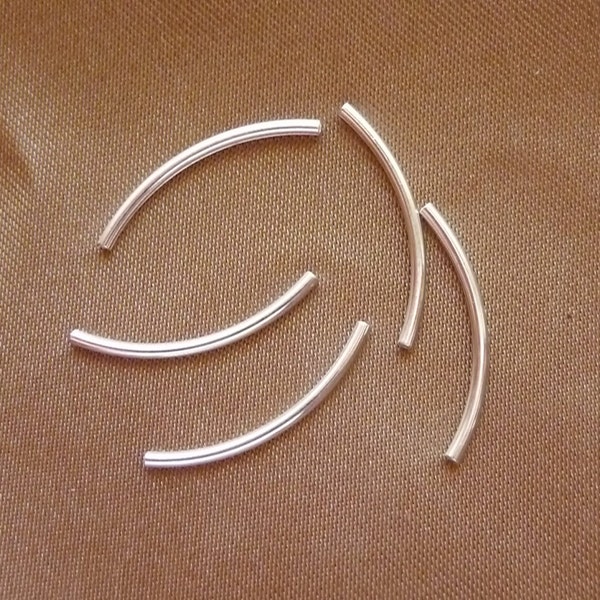 Bead, silver plated brass, 20x1mm, curved tube, Pack Of 25 tubes.