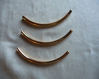 Beads, gold-plated brass, 50x3mm curved tube. Sold per pack of 10 tubes.