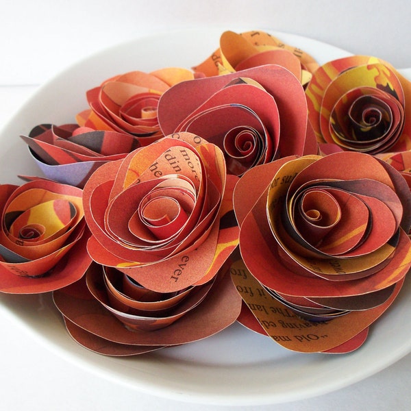 12 Large Paper Flowers made from Vintage Childrens Pages. Orange Red Yellow