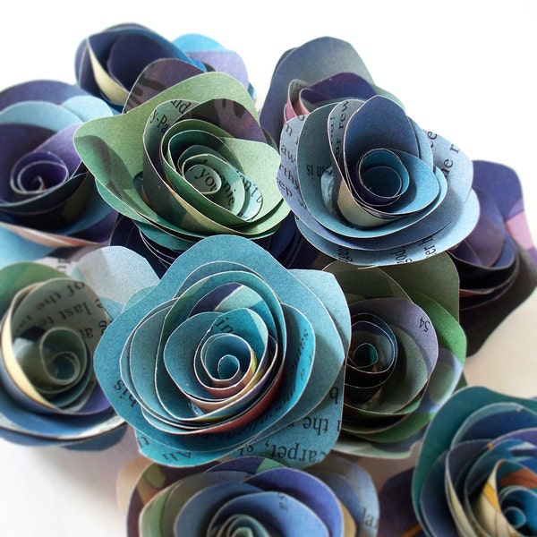 12 Large Paper Flowers made from Vintage Childrens Pages in Blue and Green