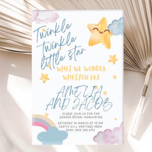 Convite para Revelação do Sexo do Bebê com Brilha Brilha Estrelinha | Convite Editável para Chá de Bebê | Lua e Estrelas para Imprimir | Modelo Canva