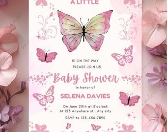 Uitnodiging babyshower vlinder – paarse en roze canvassjabloon (digitale download)