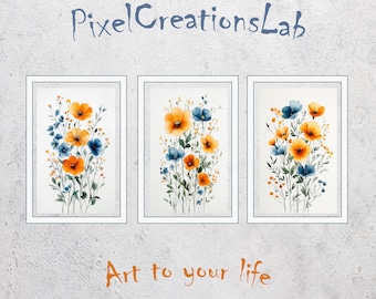 May include: Three framed watercolor paintings of orange and blue wildflowers. The paintings are arranged in a row on a textured gray background. The text "Pixel Creations Lab" is above the paintings and the text "Art to your life" is below the paintings.