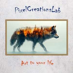 Puede incluir: Una silueta de lobo con una escena de bosque en su interior, creando un efecto de capas. El lobo camina por un bosque brumoso con una puesta de sol en el fondo. El texto "Pixel Creations Lab" está en la parte superior de la imagen y "Art to your life" está en la parte inferior.