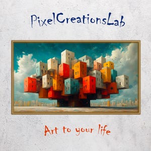 May include: A painting of a colorful, abstract cityscape with buildings stacked on top of each other, forming a tree-like structure. The sky is blue with white clouds. The painting is framed in a gold frame. The text "Pixel Creations Lab" is at the top of the image and "Art to your life" is at the bottom.