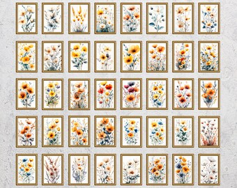 May include: A set of 48 watercolor flower illustrations in gold frames. The flowers are in shades of yellow, orange, and white. The text "Art to your life" is at the bottom of the image.
