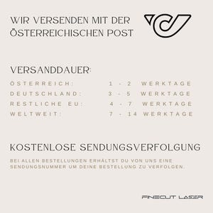 May include: A beige graphic with text in German, including "WIR VERSENDEN MIT DER &Ouml;STERREICHISCHEN POST" and "VERSANDDAUER:" with shipping times. The image also features a logo and the text "FINECUT LASER."
