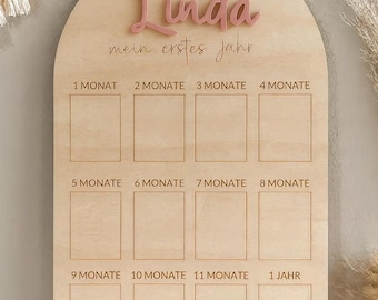 Baby Milestone Board Wooden – Personalized Memory Board for the First Year | Monthly Photos 1–12 | Birth & Baptism Gift