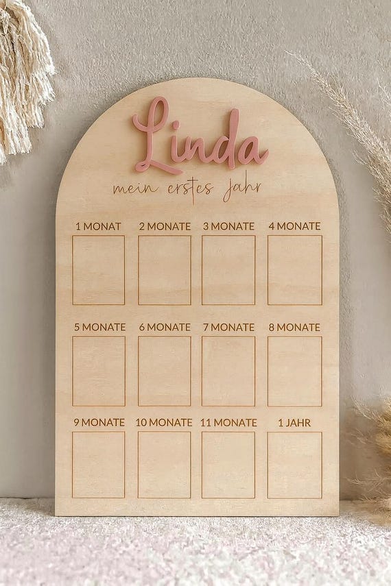 Baby Meilensteintafel Holz – Personalisierte Erinnerungstafel für das erste Jahr | Monatsfotos 1–12 | Geschenk zur Geburt & Taufe
