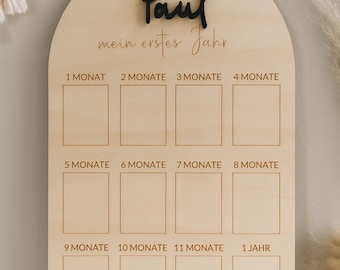 Baby Milestone Board - Wooden Personalized Memory Board for the First Year | Monthly Photos 1-12 | Gift for Birth & Christening
