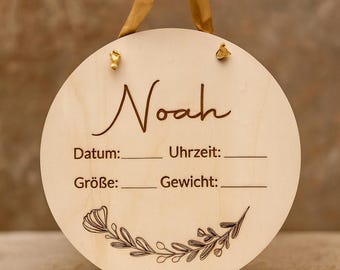 Personalized wooden baby birth announcement sign – name plate with date, time, height, weight – gift for birth, baptism, baby shower