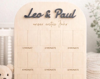 Wooden Baby Milestone Board for Twins – Personalized Photo Board “Our First Year” | 24 Photos / 12 Monthly Photos | Birth Gift