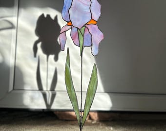 Stained Glass Iris Flower: Handcrafted Floral Suncatcher on Stone Base