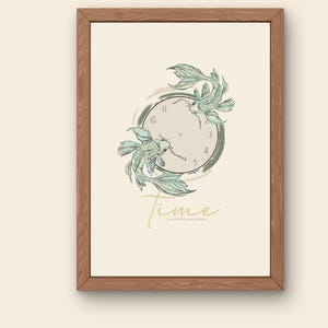 Pode incluir: Ilustração artística com um mostrador de relógio, peixes koi e a palavra «Time». A obra de arte é em tons de verde e bege, com uma moldura de madeira. Os ponteiros do relógio são visíveis.