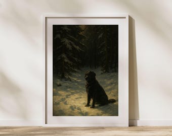 Moody Dog Oil Painting Print – Dark Forest, Rustic Animal Art (Digital Download)