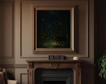 Impresión de oso, luciérnaga y bosque nocturno, arte de pared rústico (descarga digital)