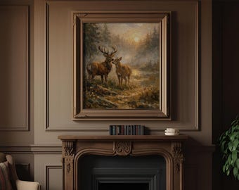 Cuadro al óleo de ciervo para imprimir • Arte mural de naturaleza y vida silvestre • Decoración rústica de bosque para descargar digitalmente