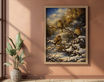 Pintura al óleo de pájaro imprimible • Arte mural de naturaleza invernal • Decoración de descarga digital de gorrión